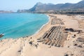 Falasarna sandy beach Crete island Greece. Aerial drone view of wavy sea, famous resort for vacation Royalty Free Stock Photo