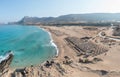 Falasarna sandy beach Crete island Greece. Aerial drone view of wavy sea, famous resort for vacation Royalty Free Stock Photo