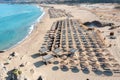 Falasarna sandy beach Crete island Greece. Aerial drone view of wavy sea, famous resort for vacation Royalty Free Stock Photo