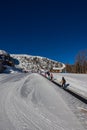 Falcade, Italy - February 15, 2023: Mountain station of a ski lift in the mountains of the Dolomites. Arrival cabin for ski lifts