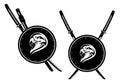 falcon bird head with samurai katana sword and shield black and white vector design set Royalty Free Stock Photo