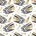 Falcon birds seamless pattern boho magical vintage distressed art symbol or label