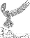 Falcon Facing Forward With Wings Wide Open Flying Off A Cliff Colorless Line Drawing. Beautiful Eagle Spreading Feather