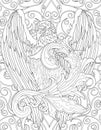 Falcon Facing Forward With Wings Wide Open Colorless Line Drawing. Beautiful Eagle Spreading Feather Coloring Book Page.