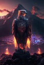 falcon with flaming wings standing in front of a city carved in a mountain, generative ai