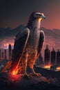 Beautiful flaming wings of falcon standing in front of a city carved, Ai generative