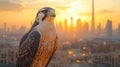 Falcon perched rooftop, sunset cityscape backdrop Royalty Free Stock Photo