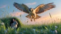 Peregrine Falcon Hunting Rabbit in Sunset Meadow Royalty Free Stock Photo