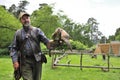 Falconer with Falcon falco cherrug .