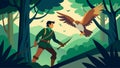 A falconer and his bird navigate through a thick forest the falcon expertly maneuvering between trees and branches a