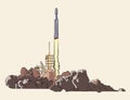 Simple, flat vector illustration of a heavy rocket launch