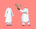 Falconry Concept. Male Characters in Arab Dress Holding Wild Falcon on Hand. Falcon Training, Arabian Traditional Sport