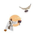 Falconry festival illustration. A man names a bird under the sun.