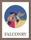 Falconry, girl and falcon on a card, flat cartoon vector illustration