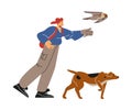 Falconry, hunter, falcon and dog, flat cartoon vector illustration