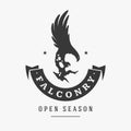 Falconry with silhouette attacking hawk vector logo. Majestic black bird prepared for hunting small animals.