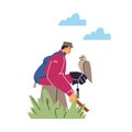 Falconry vector illustration of man with bird on glove and stick, outdoor hunting
