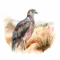 Soft Watercolor Illustration Of Wild Hawk In Realistic Landscape Style