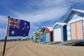 Falg of Australia flying beside the Iconic Bathing Boxes of the Mornington Peninsula Victoria Australia