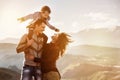 Family child walking mountains sunset Royalty Free Stock Photo