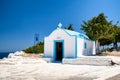 Typical white and blue greek chapel in Rhodes island, Greece