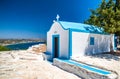 Typical white and blue greek chapel in Rhodes island, Greece