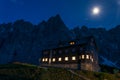 The FalkenhÃÂ¼tte in front of the mountains of the Karwendelgebirge during the night