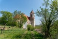 Falkenstein Church and village in Weinviertel, Lower Austria during summer