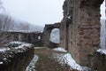 Outside wall of castle ruins on foggy day Royalty Free Stock Photo