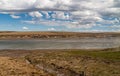 Wide windswept landscape around low-tide bay on Falklands, UK
