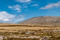 Wide windswept landscape with rocky hill on Falklands, UK