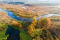 Fall. Above meadow. Aerial landscape with river. Autumn scene. Royalty Free Stock Photo