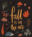 Fall is in the air. Inspirational autumn typography poster design. Forest illustrations, leaves, chestnut and hedgehog