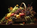 Fall arrangement of fruits and vegetables in a cornucopia.