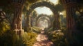 Enchanting garden of Cinematic stone arches and exotic flora: Unreal Engine details and Super-Resolutio
