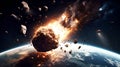 The fall of an asteroid to earth, an extinction-level event, a collision with a comet, destruction. Generative. Royalty Free Stock Photo