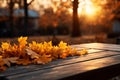Fall atmosphere sunset glow on a table with yellow leaves