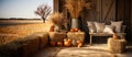 Beautifully decorated barn sitting area with fall and autumn pumpkins, gourds and seating - generative AI