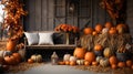 Barn exterior decorated with pumpkins, gourds and seating - generative AIe
