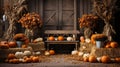 Autumn beautifully decorated barn sitting area with pumpkins, gourds and seating - generative AI