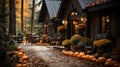 Fall and autumn beautifully decorated house porch with pumpkins, gourds and seating - generative AI