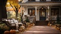 Entry of a beautifully decorated house porch with pumpkins, gourds and seating - generative AI