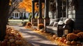 Beautiful autumn decorated house porches with pumpkins, gourds and seating - generative AI