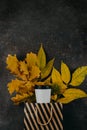 Fall autumn design concept of mockup paper recycled coffee cup and yellow leaves in shopping bag on dark background. Copy space