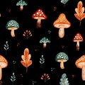 Fall autumn fungus amanita leaves autumn seamless watercolor pattern Royalty Free Stock Photo