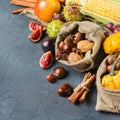 Fall autumn harvest thanksgiving background with pumpkin apple chestnut corn Royalty Free Stock Photo