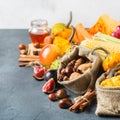 Fall autumn harvest thanksgiving background with pumpkin apple chestnut corn Royalty Free Stock Photo