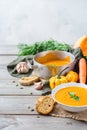 Fall autumn roasted orange pumpkin carrot soup with garlic Royalty Free Stock Photo