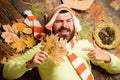 Fall and autumn season concept. Man bearded cheerful face lay on wooden background with orange leaves top view. Hipster