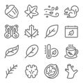 Fall Autumn Season icon illustration vector set. Contains such icons as Leaves, Winter, Coffee, Butterfly, Walnut, Squirrel, and m Royalty Free Stock Photo
